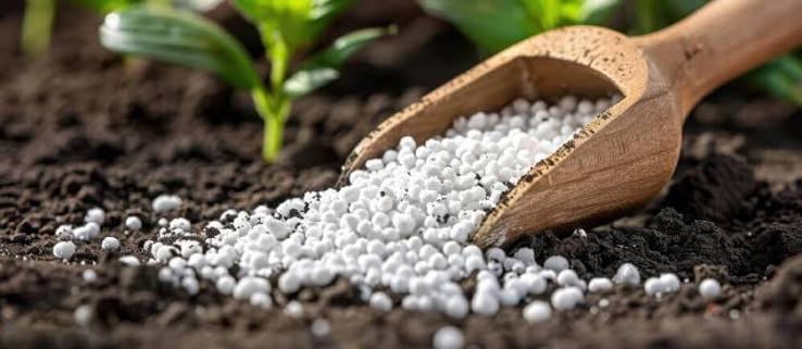 White fertilizer granules beside healthy plants and agricultural soil